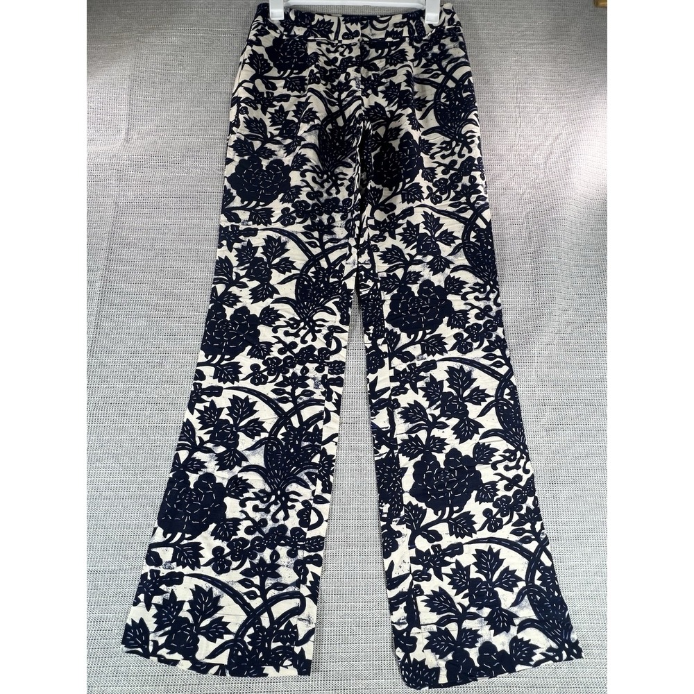 Ann Taylor Loft Womens Sz 10‎ Linen Blend Floral Pants Navy Cream Straight Leg